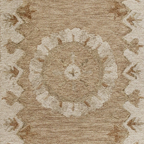 2' X 4' Tan and Beige Wool Medallion Hand Woven Half Circle Area Rug